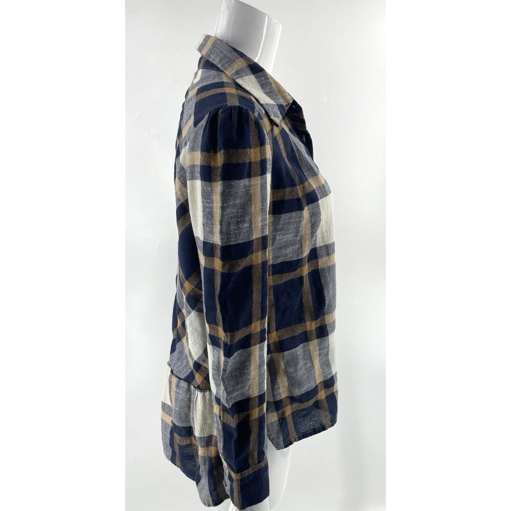 Brickyard Buffalo Plaid Top Sz Large Button Up Navy Blue Tan Ruffle Back Womens - Picture 2 of 4